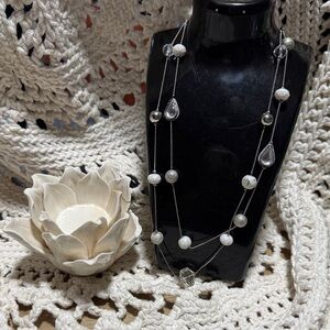 Elegant White and Silver Double-Strand Long Beaded Necklace - Women Jewelry